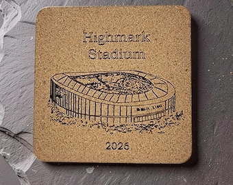 Set Of 6 Coasters, Highmark Stadium Cork With Wood Base