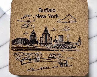 Set of 6 Coasters, Buffalo New York Skyline, Laser-Engraved Cork
