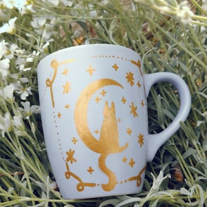 Handgeschilderde Cat Moon-mok, koffiekopje gouden glitter