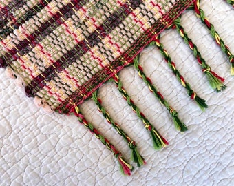 Watermelon Lemonade Rag Rug with Twisted Fringe - Handwoven Rug in Peachy Pink, Green, and Plum