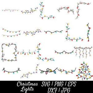 May include: A collection of Christmas light illustrations in various shapes and arrangements. The lights are depicted in a variety of colors, including red, green, yellow, and blue. The image also includes the text "Christmas Lights SVG / PNG / EPS DX7 / JPG".