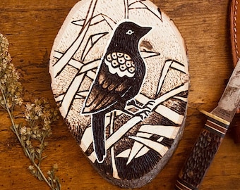 Red Winged Blackbird Pyrography Wall Art