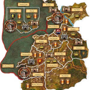Puede incluir: Un mapa de tablero de juego con varias ubicaciones marcadas, incluyendo The Golden Sound, Pyke, Ironman's Bay, Harlaw, Casterly Rock, Seagard, The Twins, Cape of Eagles, Riverrun, Pink Princess, Ashmark, Lannisport, Sea Road Marches, Stoney Sept, The Golden Tooth, Blackwater y Harrenhal. Cada ubicación tiene un icono de castillo, corona y barril.
