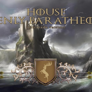 Könnte beinhalten: Eine digitale Illustration eines fantastischen Wappens mit einem goldenen Hirsch mit Geweih auf braunem Hintergrund. Das Wappen ist von verzierten goldenen Ranken umgeben. Der Text "HOUSE RENLY BARATHEON (fan-made version)" ist über dem Wappen dargestellt.