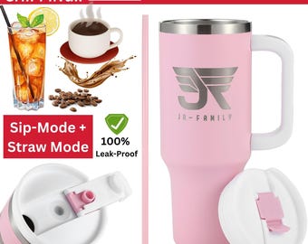 May include: A pink insulated tumbler with a white handle and lid. The tumbler has a silver rim and a logo that says "JR-FAMILY". The lid has a pink flip-top closure. A pink straw is included. The tumbler is leak-proof.