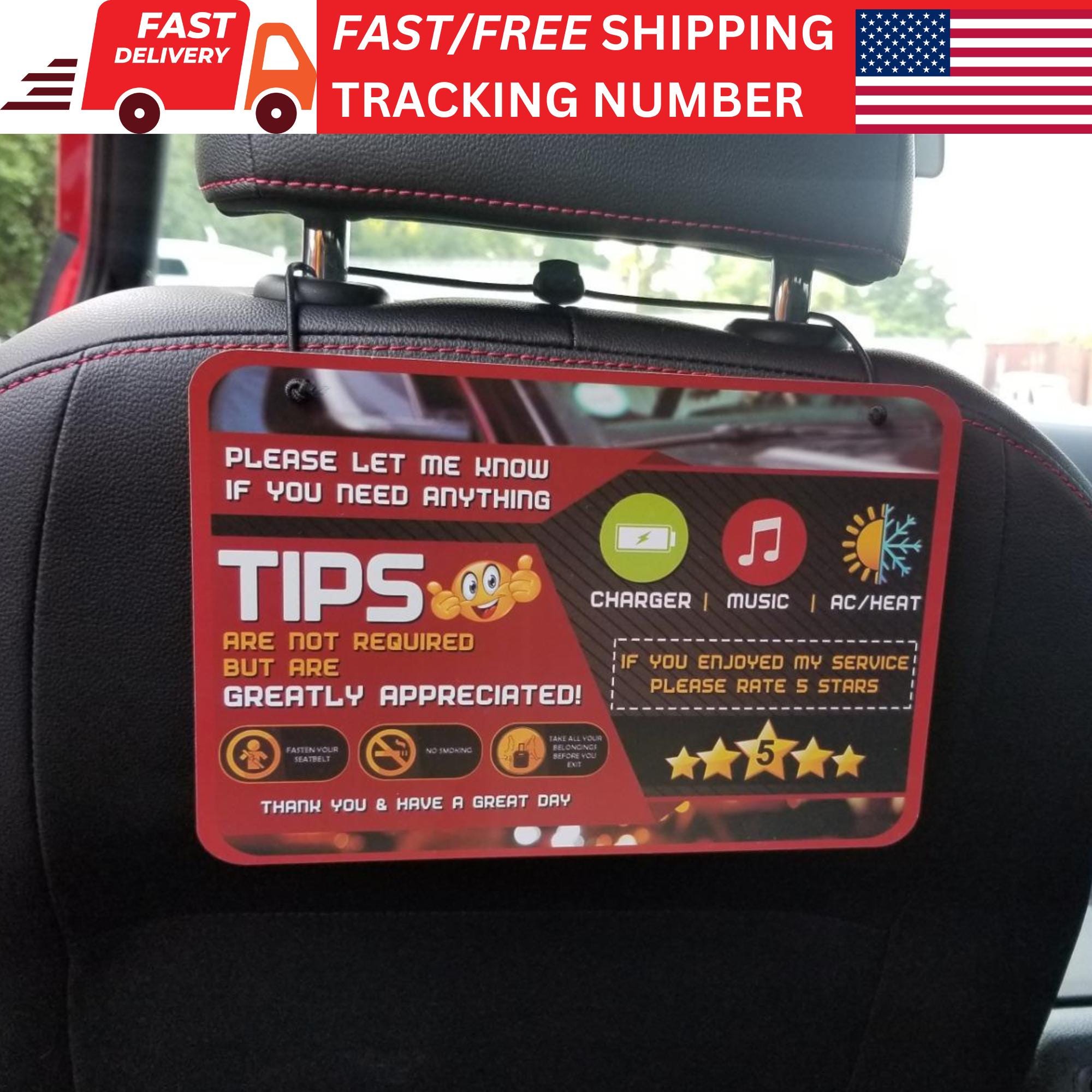 2 Pack - Increase TIPS Five star Rating Taxi Sign For Lyft Uber Rideshare (PVC 9x6in) with Rope and Chord 5 Stars Uber Sign