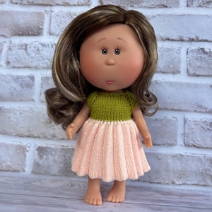 Handmade knitted pleated dress for 9 inch Mia doll, pale peach and green colors - Doll Clothes - Fashion doll outfit - Knitted doll dress