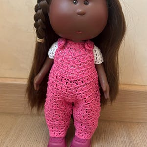 Handmade Pink Crochet Doll Jumpsuit, White Crochet Top and Boots for 12 inch Mia Doll - Knitted Doll Clothes Set fits 12&quot; Mia and Pippa doll