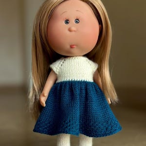 Hand Knitted Dress and Seamless Tights Set for Mia Doll - 9 Inch, White and Blue