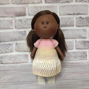 Handmade Knitted Set for 9" Mia Doll: Pink and Beige Dress with Seamless Tights