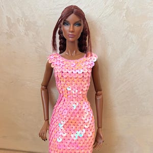 Handmade Pink Crochet Doll Dress for 11,5 - 12 inch Fashion Dolls 1/6 scale Fashion Royalty Nu Face Poppy Parker Doll - Sparkly Doll outfit