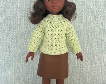 Handmade Doll outfit - crochet sweater and beret, and leather skirt and boots for 13 inch doll - Special Offer in description