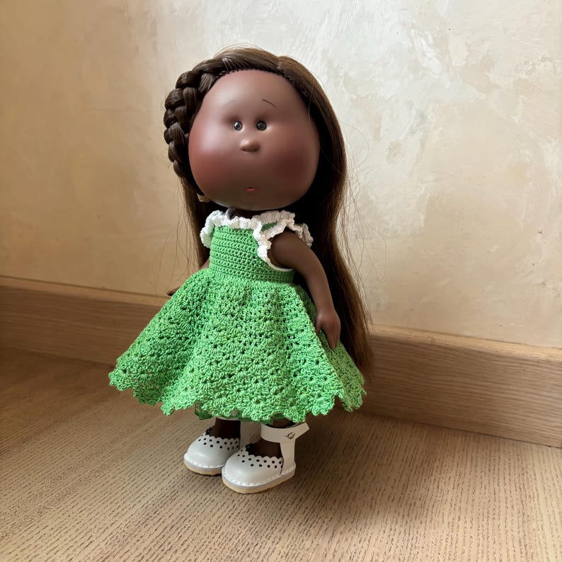 Handmade Green Crochet Lace Doll Outfit and Shoes for 12 inch Mia / Pippa Doll - 12" Doll dress, underskirt, sandals image 17