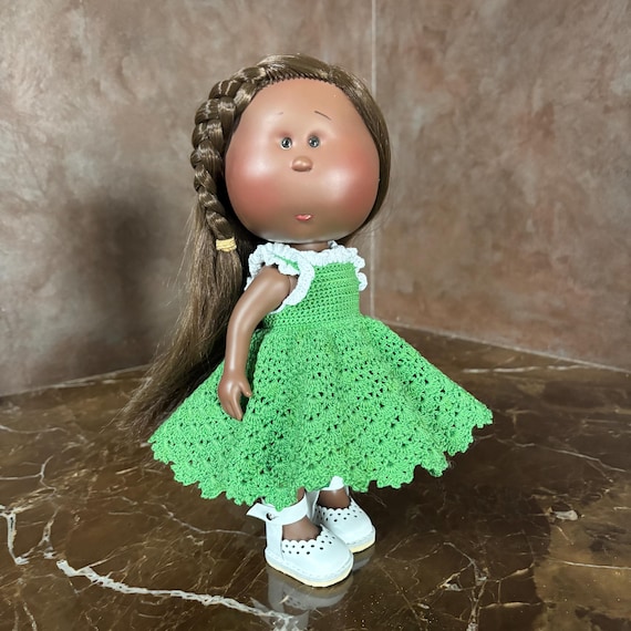 Handmade Green Crochet Lace Doll Outfit and Shoes for 12 inch Mia  / Pippa Doll - 12" Doll dress, underskirt,  sandals