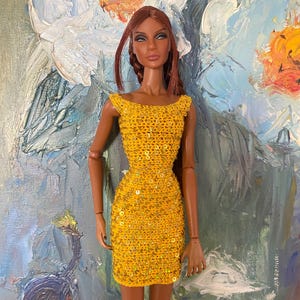 Handmade Yellow Gold Crochet Doll Dress for 12 inch Fashion Dolls Fashion Royalty Nu Face Poppy Parker Doll 1/6 scale - Sparkly Doll outfit