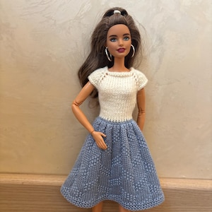 Knitted doll dress for 11,5 inch fashion doll 1/6 scale - Doll clothes for standart and tall doll - White and Blue-Grey with Embossed Detail