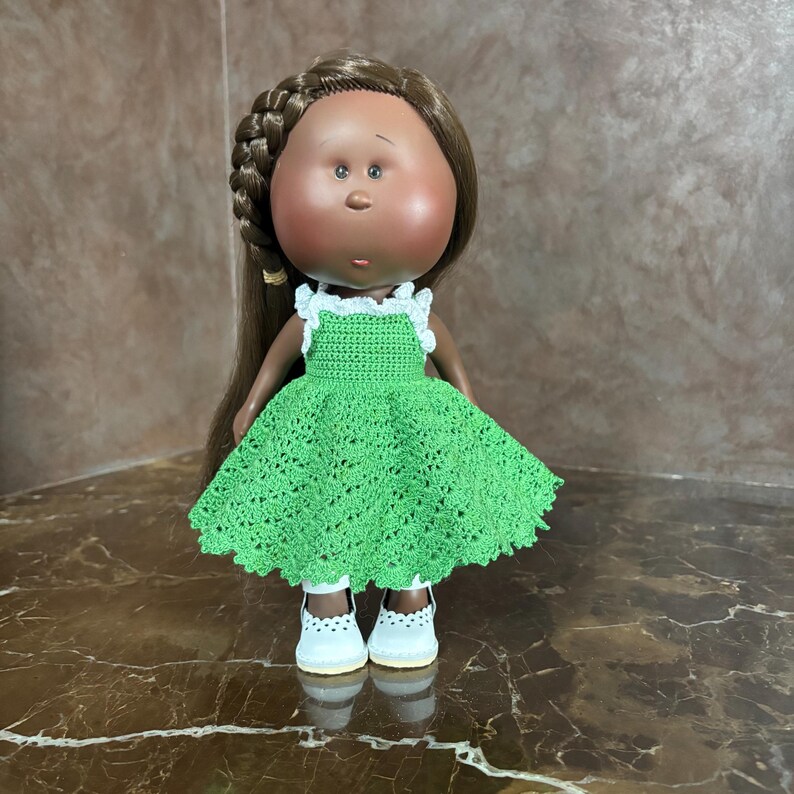Handmade Green Crochet Lace Doll Outfit and Shoes for 12 inch Mia / Pippa Doll - 12" Doll dress, underskirt, sandals clothes set + shoes