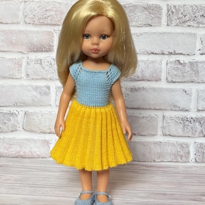 Knitted Pleated Dress for 13 Inches Doll in Yellow and Blue - Doll Clothes - Doll outfit - Handmade doll clothes - fits Paola Reina doll