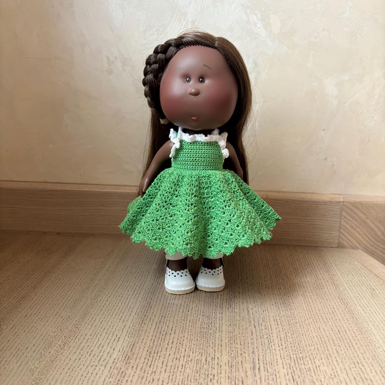 Handmade Green Crochet Lace Doll Outfit and Shoes for 12 inch Mia / Pippa Doll - 12" Doll dress, underskirt, sandals image 19