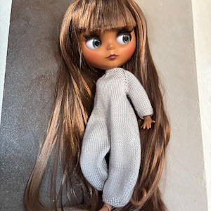 Hand-knitted Gray Overalls for 12 inch Doll  - fits Blythe TBL or similar doll 1/6 - Blythe doll clothes - Blythe doll jumpsuit