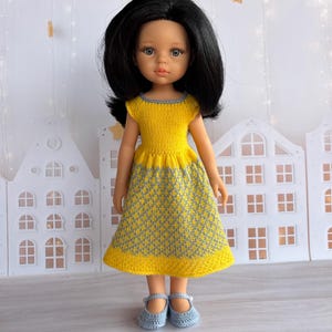 Knitted doll dress with Jacquard Pattern and Shoes  - Yellow and Blue - for 13 Inch Doll - handmade doll clothes - fit the Paola Reina doll