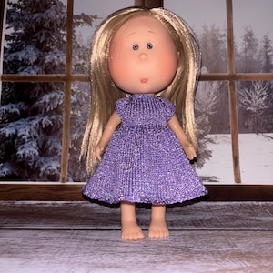 Handmade Purple Lurex Knit Doll Dress for 9 inch Mia Doll - Sparkly Doll Clothes - Knitted doll dress for 9&quot; Mia Doll - Doll outfit