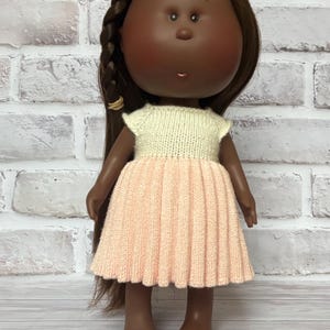 Handmade knitted pleated dress for 12 inch Mia doll, pale peach and whitecolors - Doll Clothes - doll outfit - doll dress - fits Pippa doll