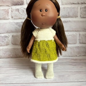 Hand Knitted Dress and Seamless Tights Set for 9" Mia Doll - White and Green
