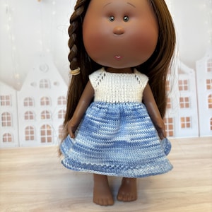 Hand Knit White and Blue Melange Dress for 12 inches Mia Doll - Doll clothes - Knitted doll outfit - fits Pippa doll