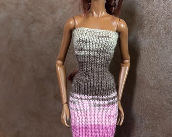 Seamless knitted doll dress for 12 inch Fashion Dolls like Fashion Royalty Nu Face Doll  1/6 scale - doll outfit in Pink and brown shades