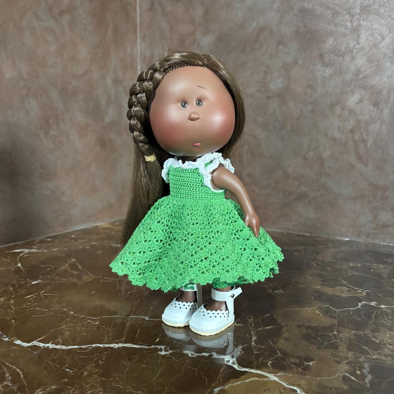 Handmade Green Crochet Lace Doll Outfit and Shoes for 12 inch Mia / Pippa Doll - 12" Doll dress, underskirt, sandals image 12