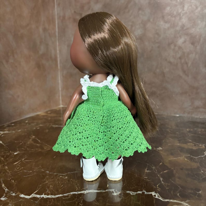 Handmade Green Crochet Lace Doll Outfit and Shoes for 12 inch Mia / Pippa Doll - 12" Doll dress, underskirt, sandals image 8