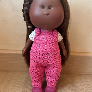 Handmade doll clothes for Mia or Pippa doll - Pink Crochet Doll Jumpsuit, White Crochet Top and Leather Boots - Knitted Doll Clothes Set