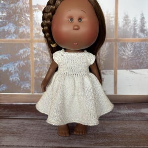 Handmade White Lurex Knit Doll Dress and Shoes for 12 inch Mia Doll and Pippa Doll - Doll outfit- Sparkly Doll Clothes - Knitted doll dress