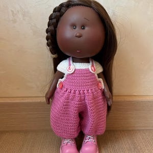 Handmade Pink Crochet Doll Jumpsuit, White Top and Boots for 12 inch Mia Doll - Knitted Doll Clothes Set fits 12&quot; Mia doll and Pippa doll