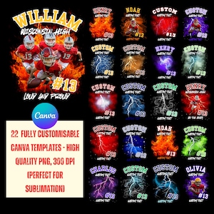 Op de afbeelding: 22 aanpasbare digitale ontwerpen voor T-shirts met een voetballer in verschillende poses en achtergronden. De ontwerpen bevatten vlammen, bliksem, sterren en verschillende kleurschema's. De tekst "William Wisconsin High #13 Loud and Proud" is te zien op een van de ontwerpen.