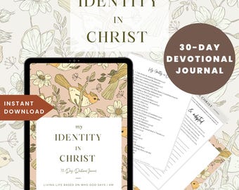 Puede incluir: Una tableta digital que muestra un diario devocional de 30 días titulado "My Identity in Christ". El diario presenta un diseño floral con pájaros y el texto "Living Life Based on Who God Says I Am." The Slow Live también se menciona en el diario.