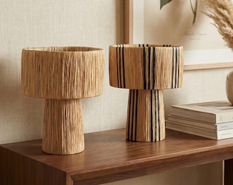 Natuurlijke raffia tafellamp - Boho nachtkastjelamp - handgemaakt Scandinavisch decor - biologisch geweven nachtkastjelamp
