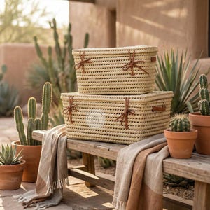 Rieten opbergkoffer - kist van palmblad met deksel - opberger voor babyspeelgoed - Marokkaanse mandbank