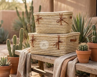 Wicker Storage Trunk - Palm Leaf Chest with Lid - Nursery Toy Storage - Moroccan Basket Bench