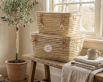 Wicker Storage Trunk - Palm Leaf Chest with Lid - Nursery Toy Storage - Moroccan Basket Bench