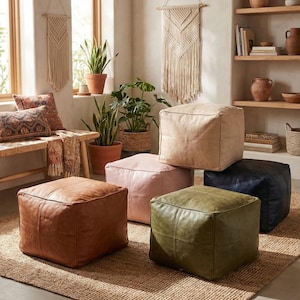 Handmade Leather Cube Footstool Boho