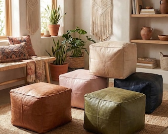 Handmade Leather Cube Footstool Boho