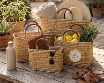 Fransk marknadskorg - tygväska i strårotting - marockansk strandshopper - handvävd picknickväska