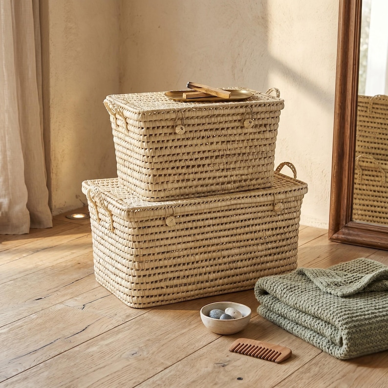 May include: Two rectangular woven storage baskets, one stacked on top of the other. The baskets are made of a light-coloured natural material. A small bowl with stones, a wooden comb, and a folded green blanket are on the wooden floor.