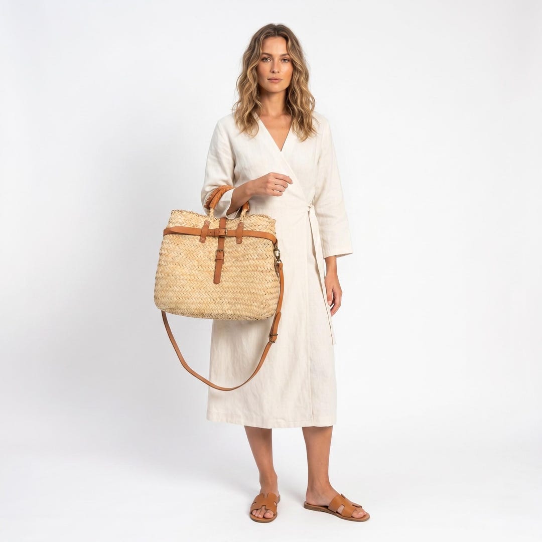 Handmade Moroccan Straw Bag - Leather Strap Boho Tote - Woven Crossbody ...