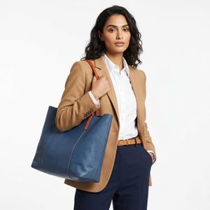 Large Blue Leather Tote Bag with Zipper Insert | Women's Everyday Handbag with Tan Handles