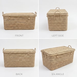 May include: Rectangular woven storage basket with a lid, made from light brown wicker. It has handles on the sides and top. The lid fits securely, and the basket has an open weave texture. Multiple views of the basket are shown.