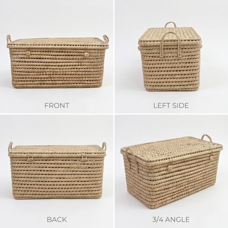 May include: Rectangular woven storage basket with a lid, made from light brown wicker. It has handles on the sides and top. The lid fits securely, and the basket has an open weave texture. Multiple views of the basket are shown.