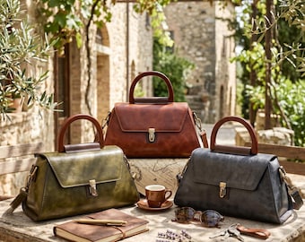 Vintage Calf Leather Messenger Bag - Structured Crossbody Handbag - Top Handle Satchel